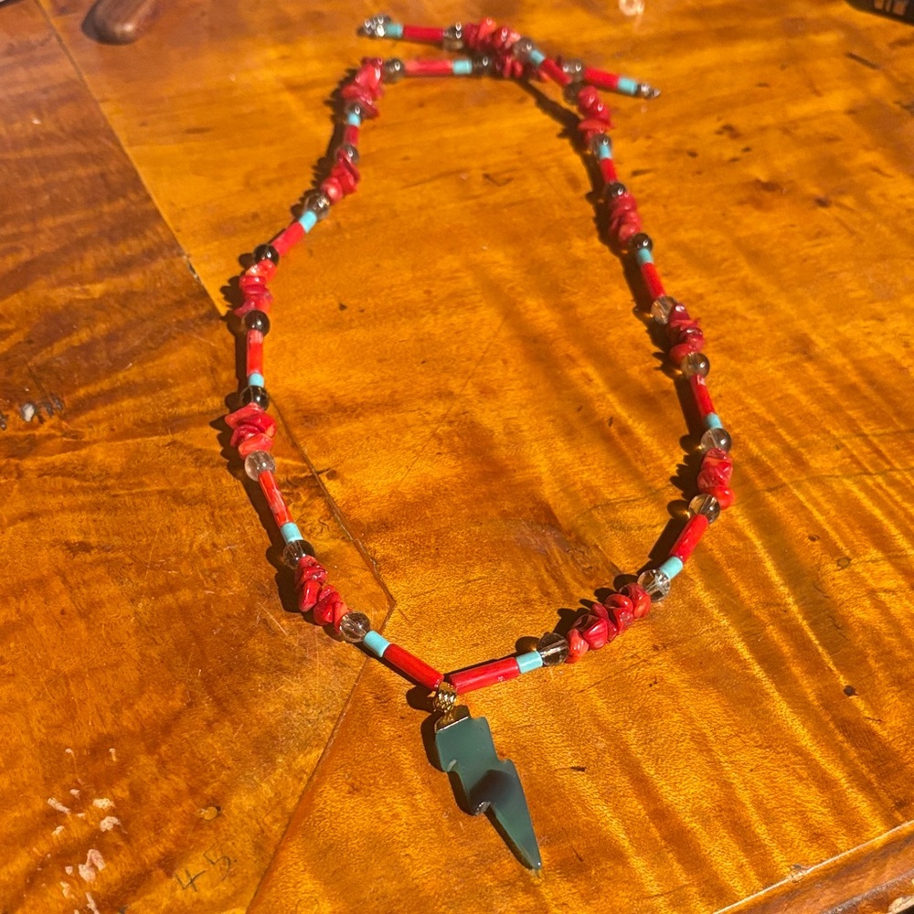 Vibrant Red and Turquoise Beaded Necklace with Pendant